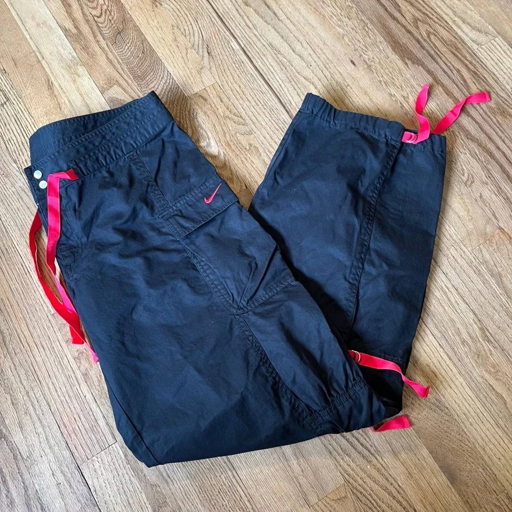 Nike Vintage Cargo Pants Black Pink Ribbon Y2K Wide Leg Utility Trousers Large